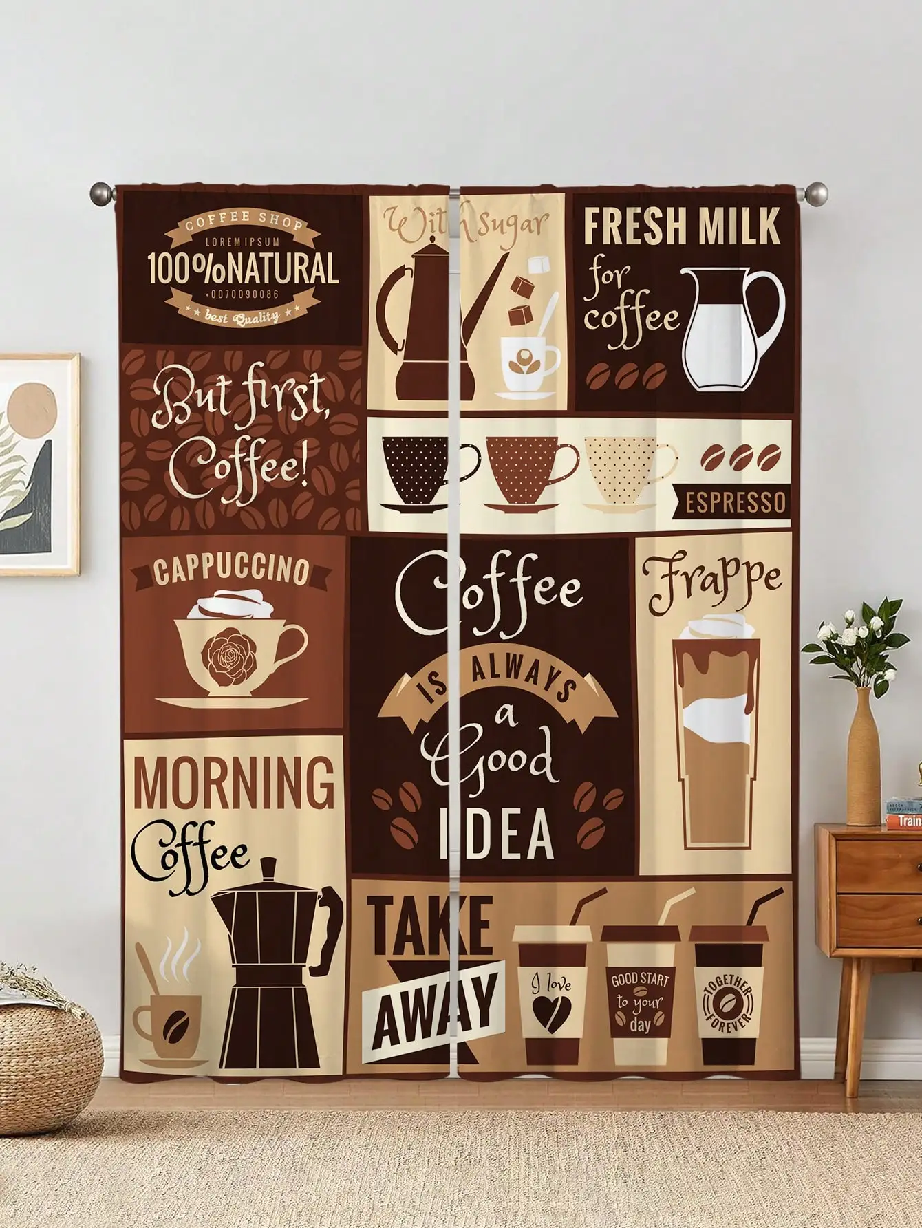 

Retro Coffee Curtain, Cafe Theme Print Blackout Curtains, Kitchen Decor Window Drapes with Coffee Cups, 2 Panels