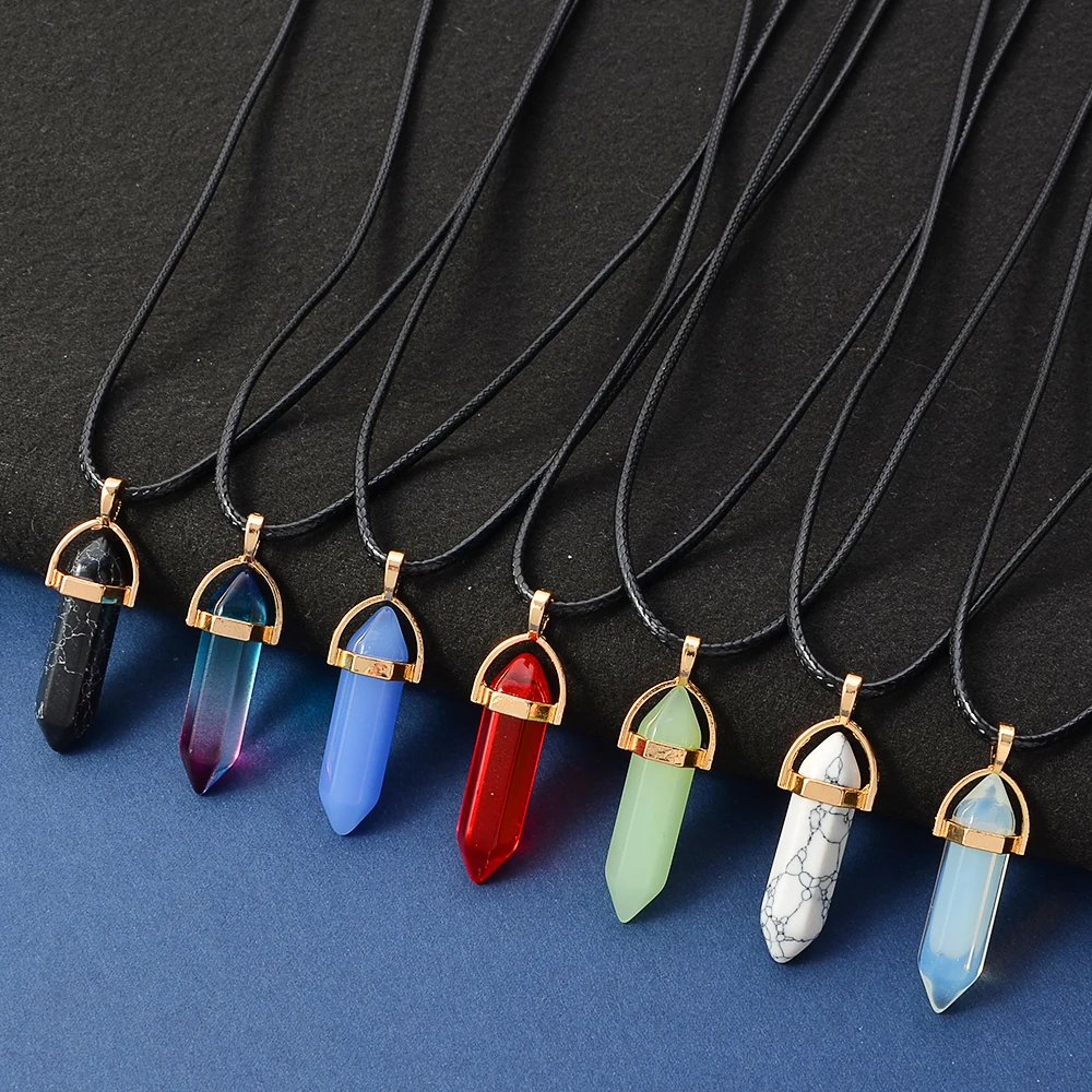 7pcs/set Hexagon Pillar Quartz Necklace Turquoise Pink Crystal Necklace Genuine Leather Chain Natural Stone Choker Necklace