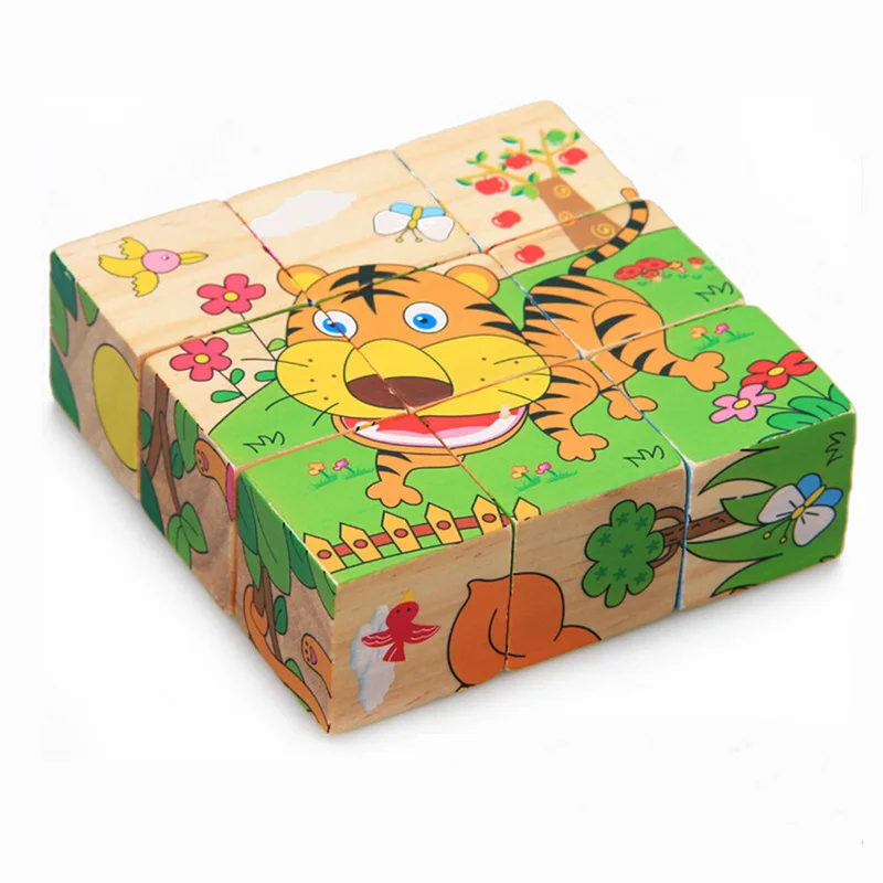 Jouet de puzzle en bois pour enfants, animal de dessin animé, six côtés, contaminants, puzzle 3D de genre, éducation précoce, jouets d'apprentissage pour enfants, jeu, 9 pièces