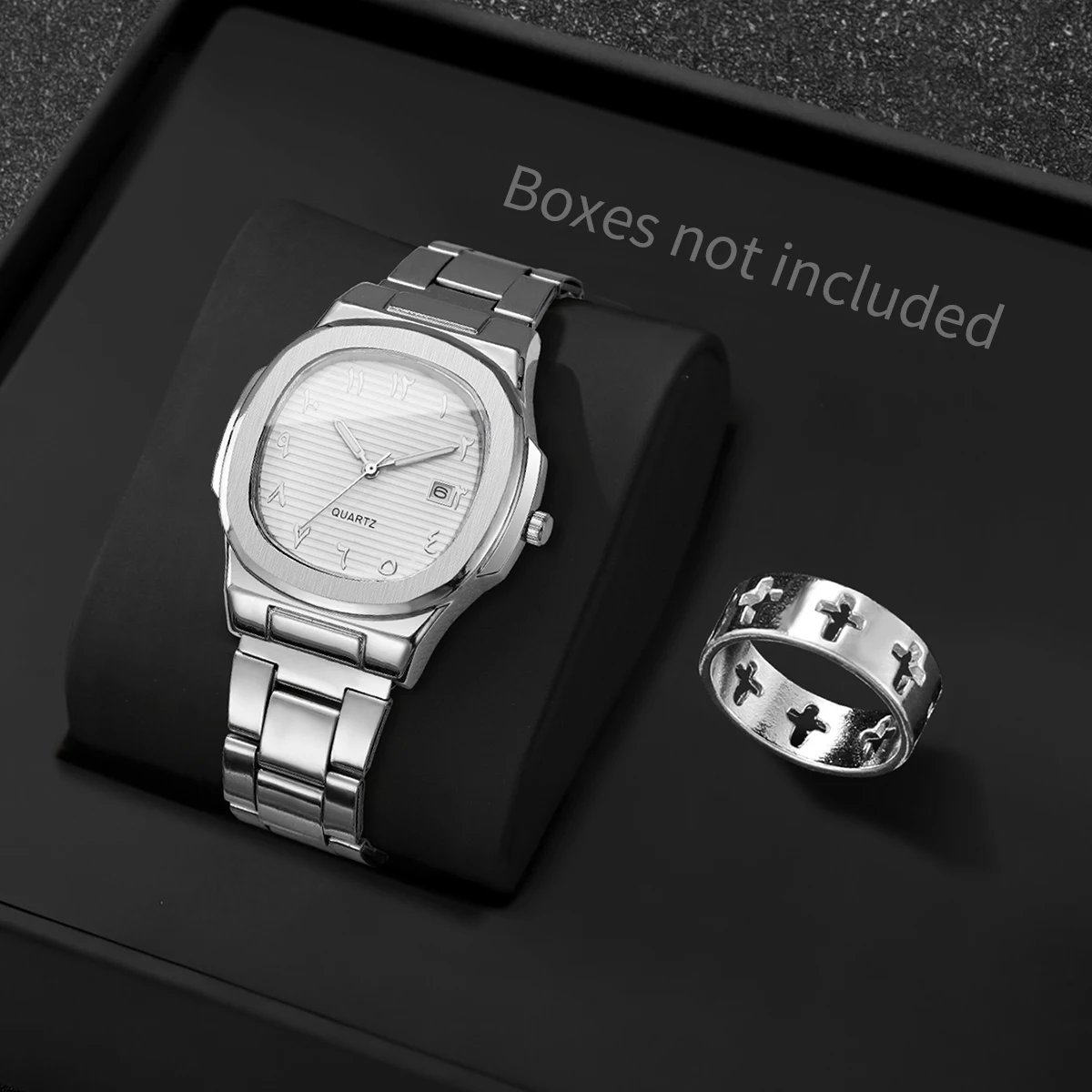 2PCS Fashion Square Dial Men Quartz Watch Bracelet Set Silvery Men's Calendar Business Wristwatches Reloj Hombre（Without Box）