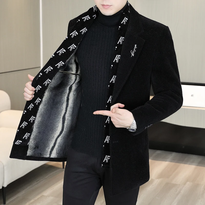 

Autumn Winter Woolen Coat Men's Medium-long Suit Collar Windbreaker Thick Fleece Warm Casual Business Woolen Jackets Overcoat