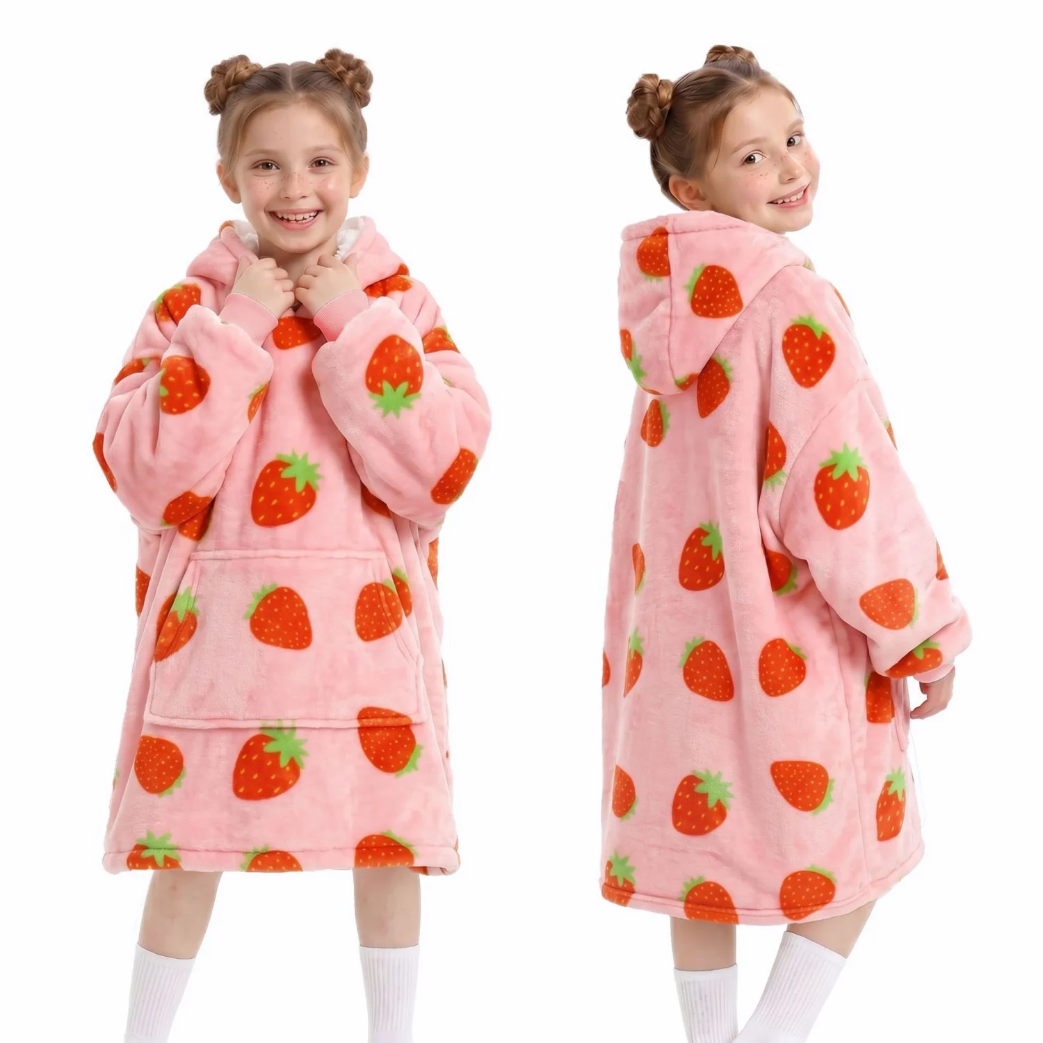 Children Wearable Hooded Blanket Soft Sherpa Fleece Flannel Sweatshirt for Kids Lazy Hoodie Blanket for Home Travel