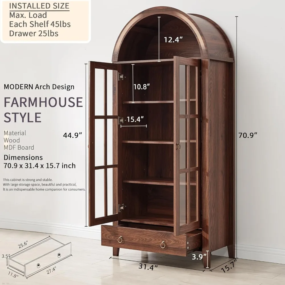 Farmhouse Arched Cabinet with Glass Doors,71” Kitchen Pantry Tall Bookshelf Moder (Rustic Brown)