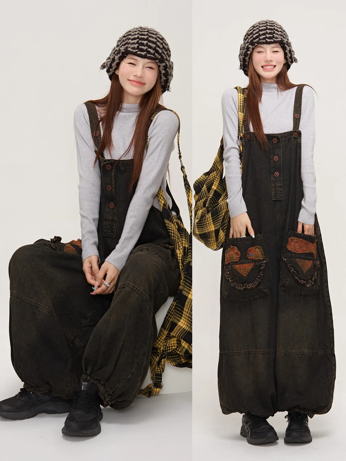 

MS Original Vintage Distred Denim Overalls Women's Spring Lantern Pants Loose Wide Leg Strap Rer High Waist Cotton