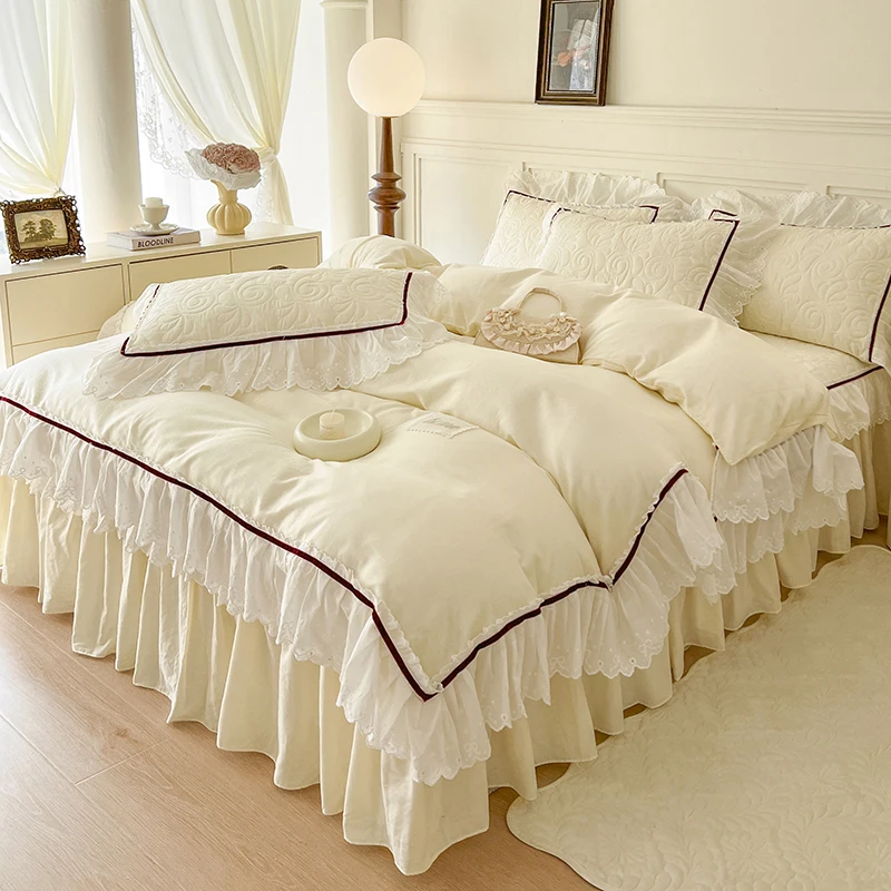 Pure Cotton Lace Ruffles Bedding Set Luxury 4pcs Solid Color Princess Quilt/Duvet Cover Quilted Bed Skirt 100% Cotton Pillowcase