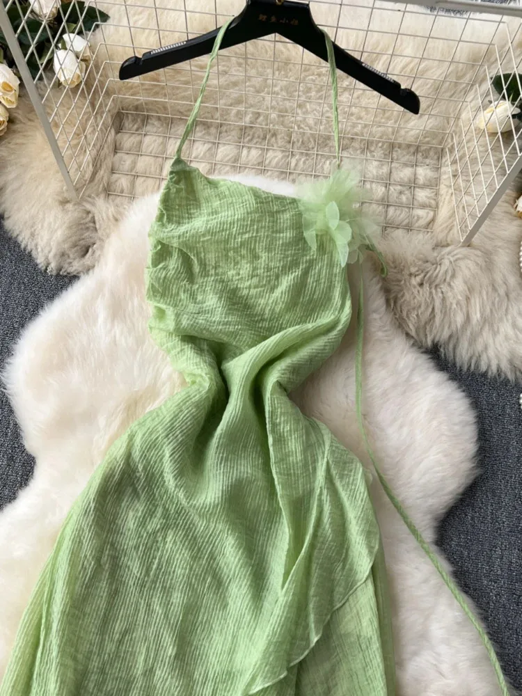 Robe longue verte en mousseline de soie pour femme, tenue de plage, style boho, sexy, dos nu, col licou, irrégulière, à volants, robe éducative