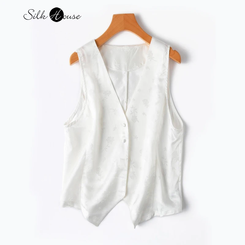 

Exquisite Jacquard White Light Chinese Style 100% Natural Mulberry Silk Jacquard Satin Women's V-neck Sleeveless Vest