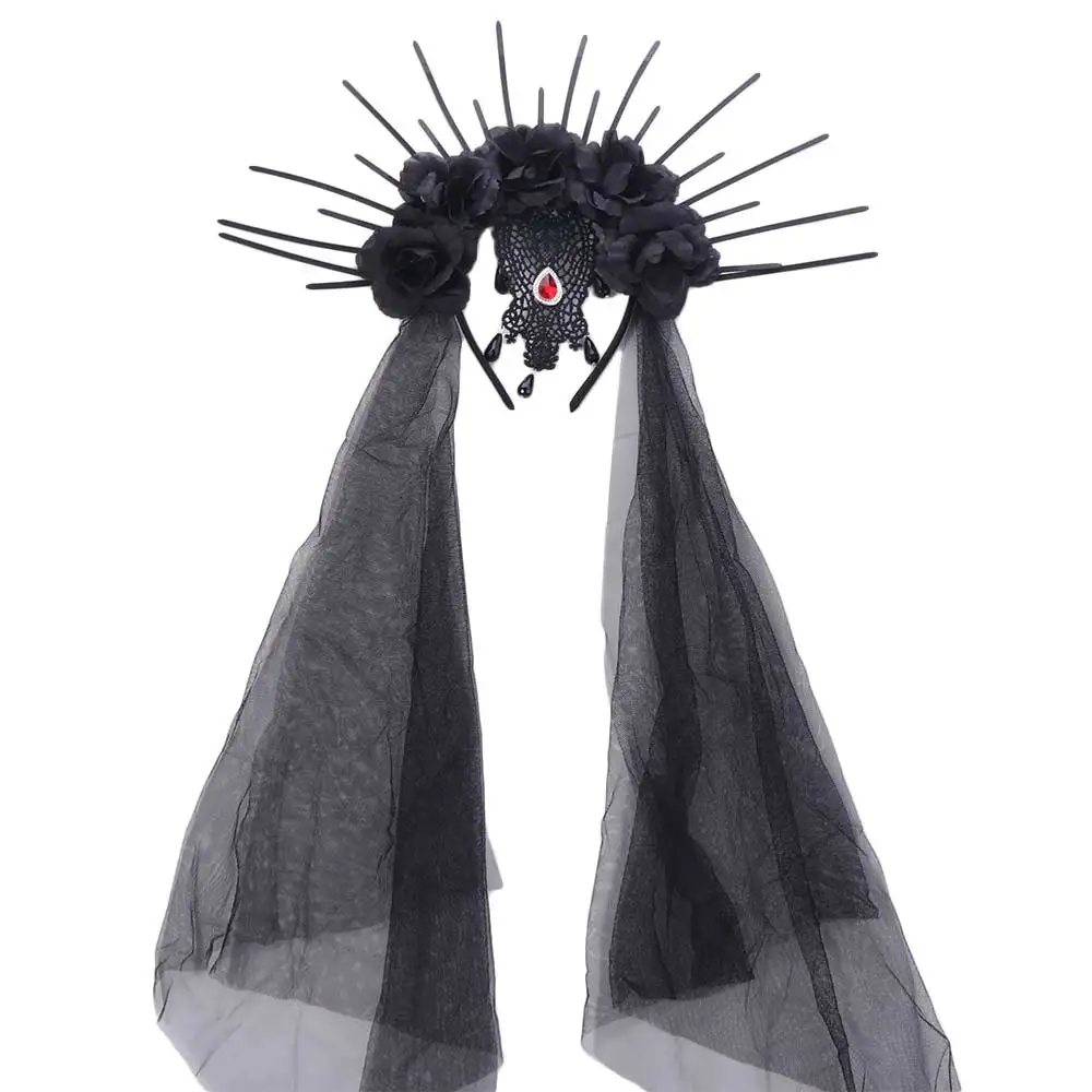 

Headdress Mesh Halloween Headband Gothic Rhinestone Veil Headband Crown Rose Bride Hairband Party