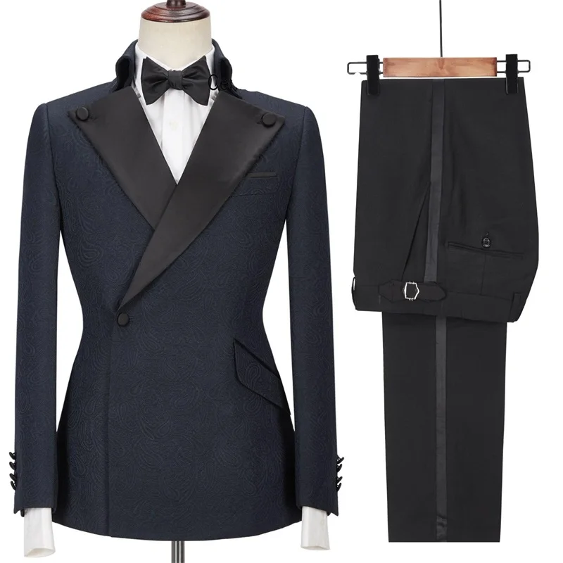 Jacquard Navy Blue Men Suits Set Wedding Groom Tuxedo 2 Pieces Formal Blazer+Black Pants Custom Made Party Jacket Male Coat