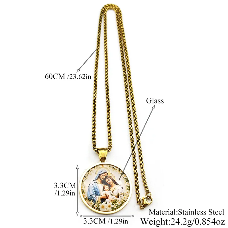 مريم العذراء الطفل يسوع الزجاج ميدالية قلادة مستديرة للنساء الرجال الفولاذ المقاوم للصدأ الذهب اللون سانت جوزيف تميمة المجوهرات #6