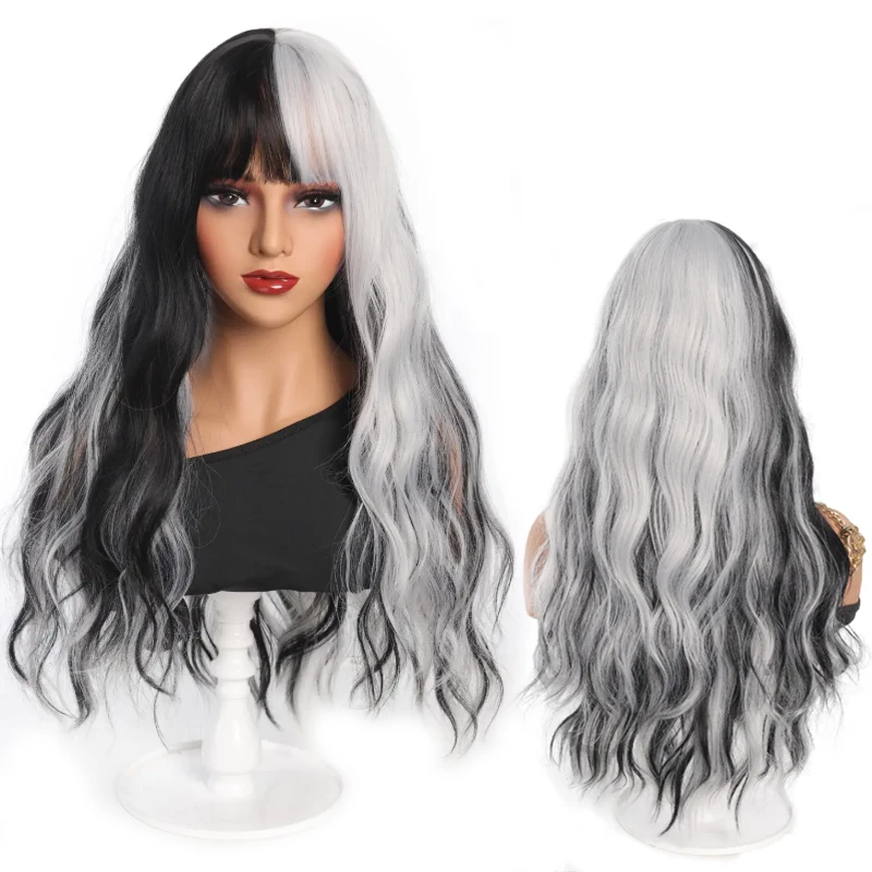 25'' Synthetic Long Wigs Women Black White Silver Gradient Wig Fashion Colorful Hairpiece for Halloween Party Cosplay Daily Wear