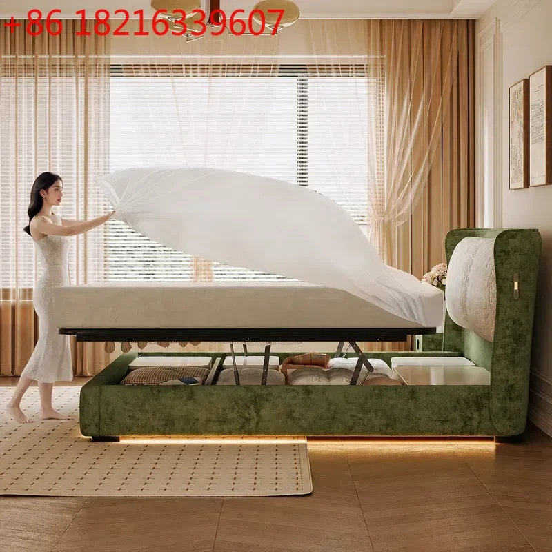 YAO Retro Chenille Upholstered Bed with Storage Box Removable Washable Soft Fabric Double Bed 1.8m for Master Bedroom