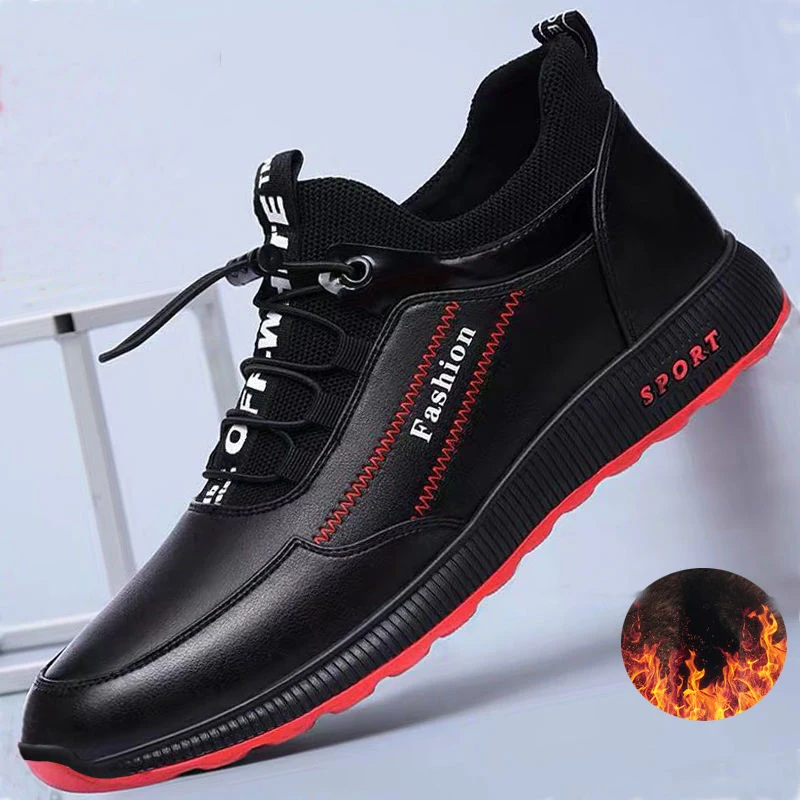 2024 Fashion leather Shoes Men Casual Shoes  Plus velvet to keep warm black Comfortbale Sneakers Men Flats Shoes Big Size