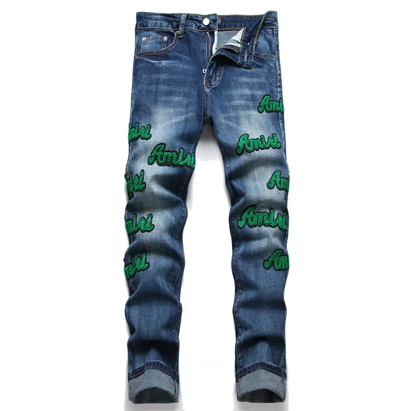 New Fashionable Blue Embroidered Hollow Letter Elastic Mid Waist Men's Jeans Casual Style Dark Blue Straight Regular Fit