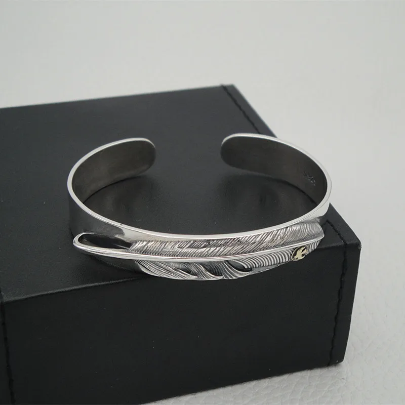 

S925 Sterling Silver Bracelet Men's Vintage Thai Silver Feather Open Bracelet Women's Personalized Fashion Japanese Korean Takah