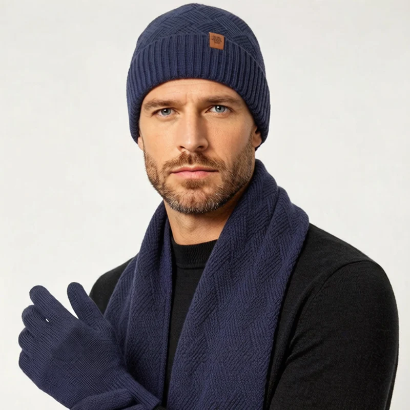 Winter Men's Knitted Hat, Windproof, Warm, Fleece-Lined, Thickened, Cold-Proof, Knitted Scarf, Gloves, Hat Three-Piece Set