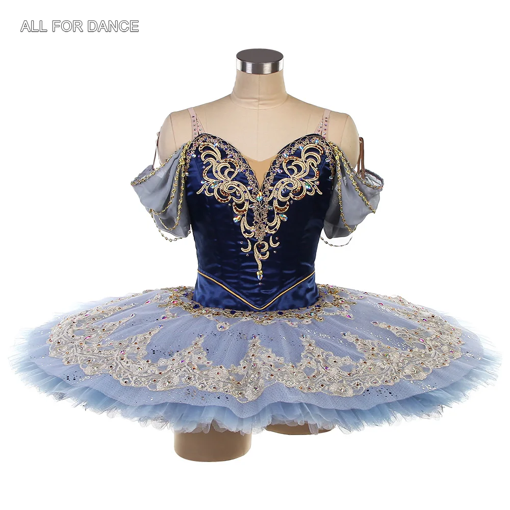 B26639 ネイビーブルー プロフェッショナル バレエ チュチュ ゴールドトリム付き YAGP または舞台パフォーマンス用のオーダーメイド バレエ チュチュ