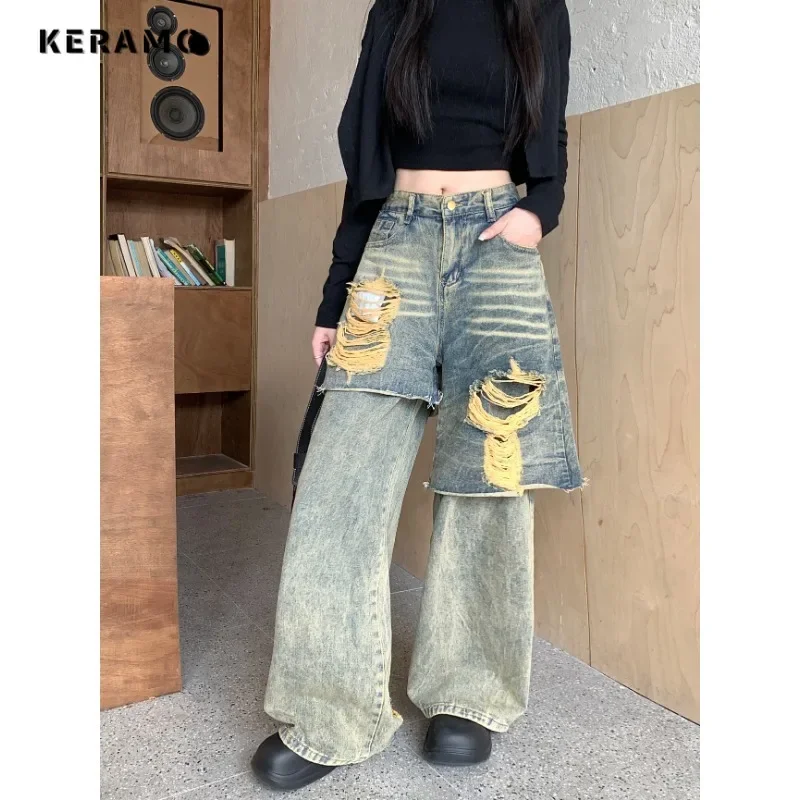 2024 Autumn Trashy Sexy Vintage Ripped Patchwork Loose Fit Jeans Y2K Wide Leg Pants Women's Baggy Hollow Out Denim Trouser