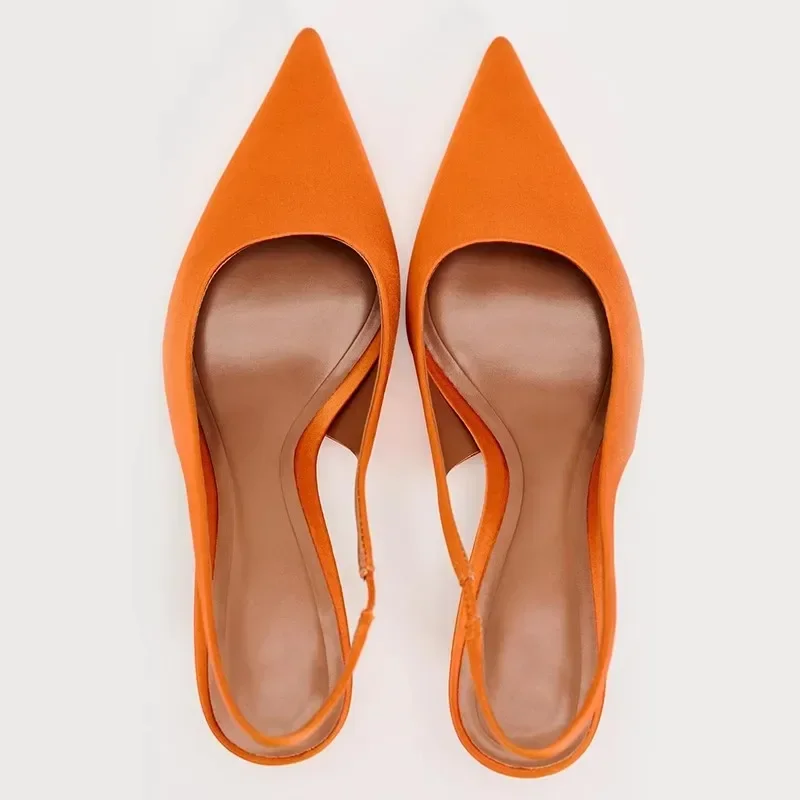 Summer High Heels Woman Luxury Sandals Fashion Pointed Elegant Office Slingbacks Stiletto Orange Silk Dress Lady Party Shoes