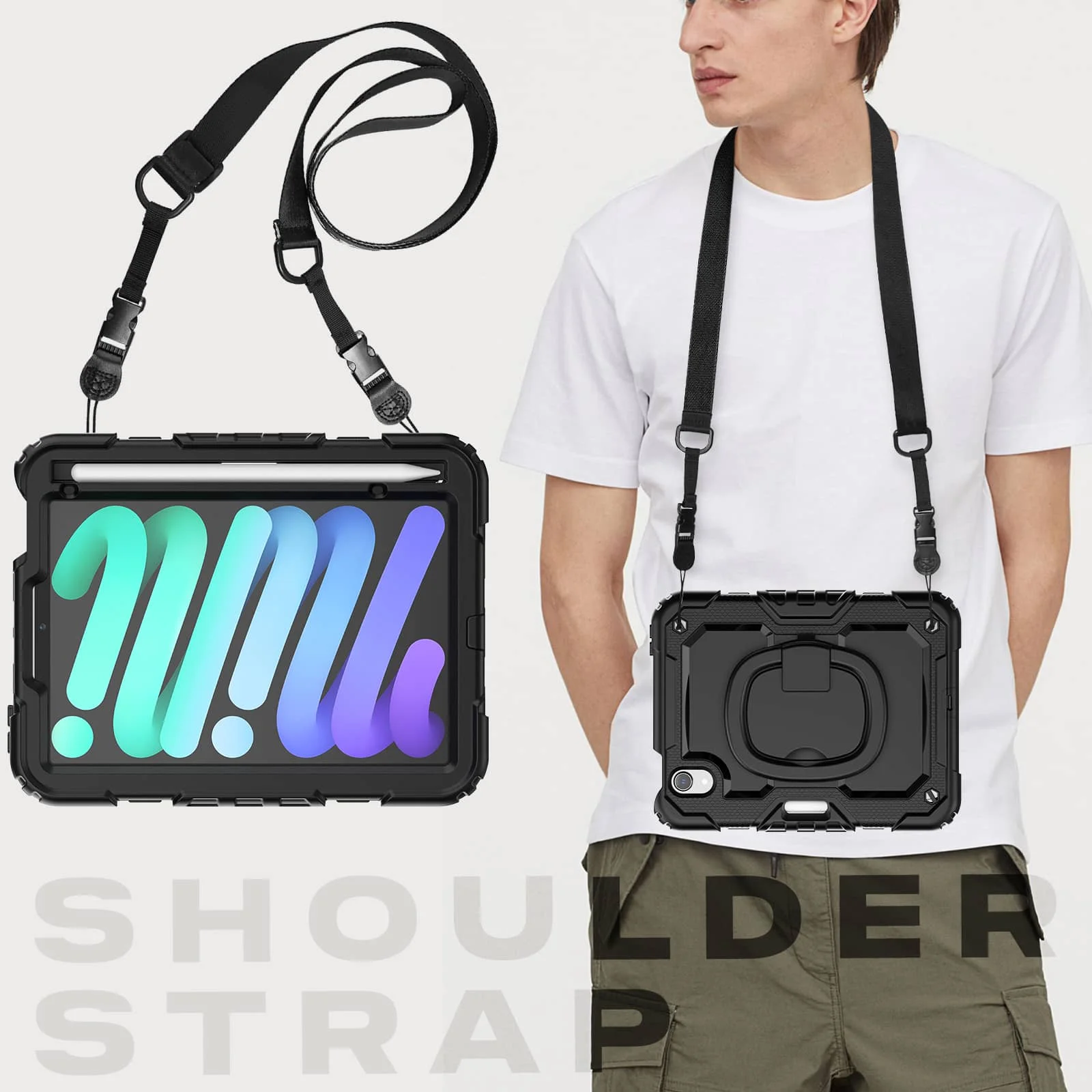 For iPad Mini 7 6 2024, Military Grade Shockproof Silicone Cover with 360 Folding Handle Grip + Handle Shoulder Strap