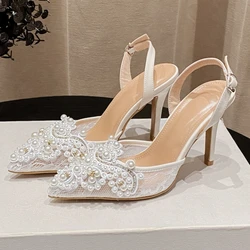 New Spring and Summer Women's High Heels Lace Front Package Pearl Pointed Stiletto Party Sandals Back Empty Single Shoes
