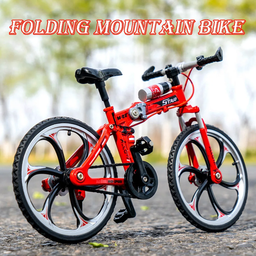 1:8 Flat Folding Mountain Bike Model Toys Alloy Diecast Bicycles Front Wheel Steering Rubber Tires for Boys Educational Toys