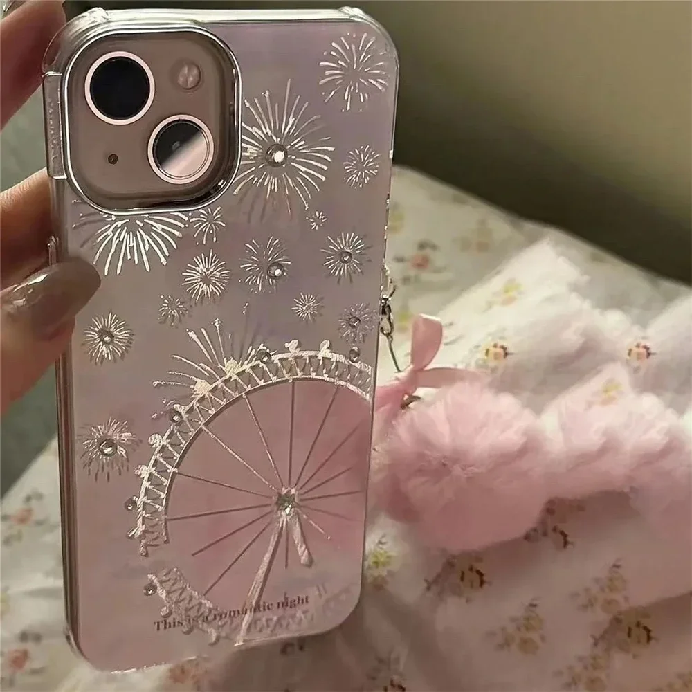 Cute Dreamy Fireworks Castle Ferris wheel Pattern Hairball Pendant Case For iPhone 15 14 13 12 Pro Max 11 Shockproof Cover Funda