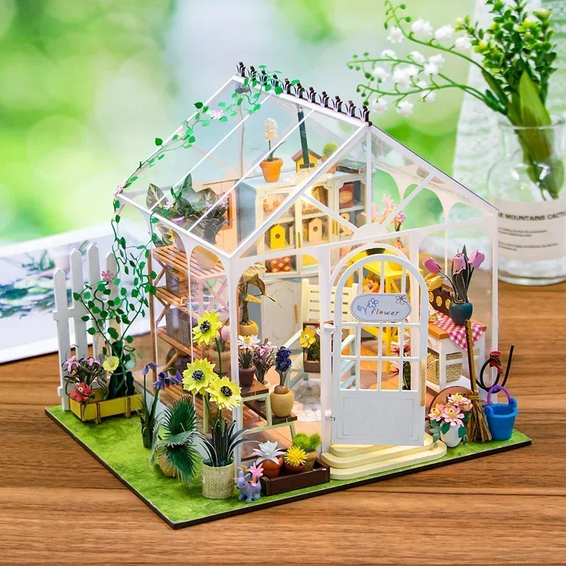 Sunshine Flower Garden Casa Miniature Model Kit Villa Dollhouse DIY Wooden Doll Houses with Furniture Led Light for Friends Gift
