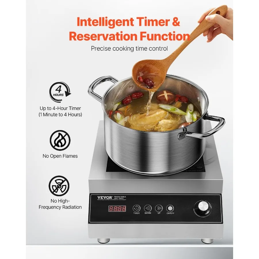 Portable Commercial Cooktop 5000W Induction Burner with 16 Temperature Settings for Efficient Kitchen Use Stainless Steel Count