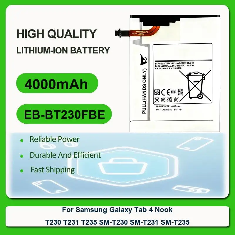 

Replacement Tablet Battery For Samsung Galaxy Tab 4 Nook T230 T231 T235 SM-T230 SM-T231 SM-T235 EB-BT230FBE 4000mAh
