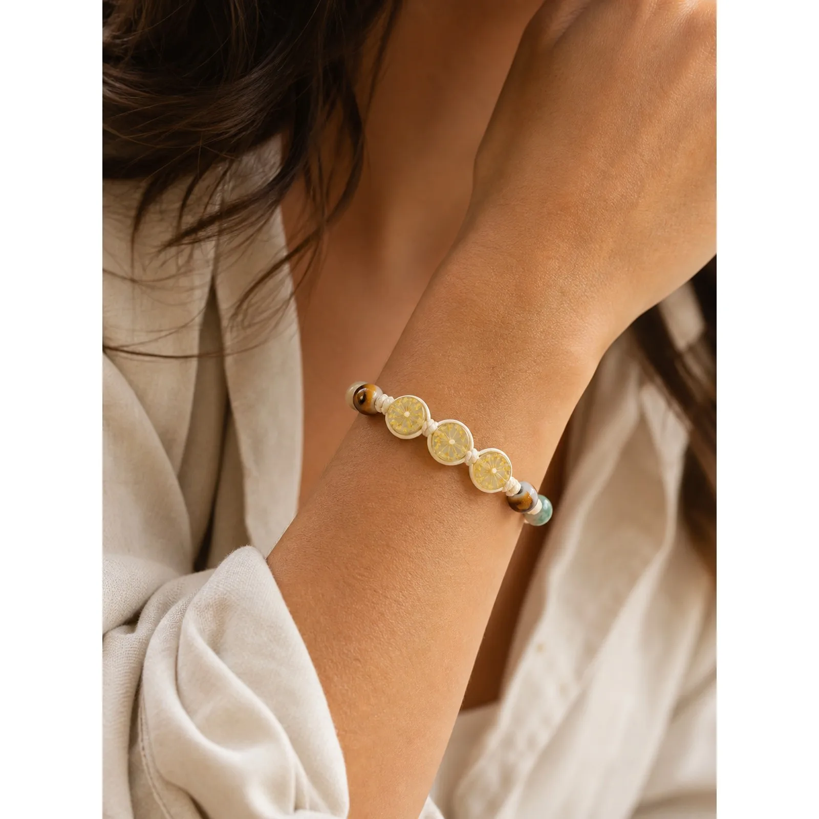 Handmade Ceramic and Glass Bead Adjustable Hand-Woven Bracelet with Wax Cord and Starry Sky Design For Women Y260705-18