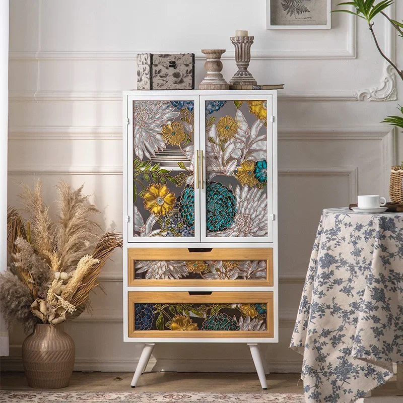 Enamel colored glass hand-painted dining side cabinet wrought iron high living room sofa solid wood side cabinet American retro