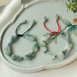 Customized Natural Emerald Floating Flowers Pixiu Hand Knotted Bracelet Adjustable Bangle Charm Jewellery Man Woman Luck Amulet