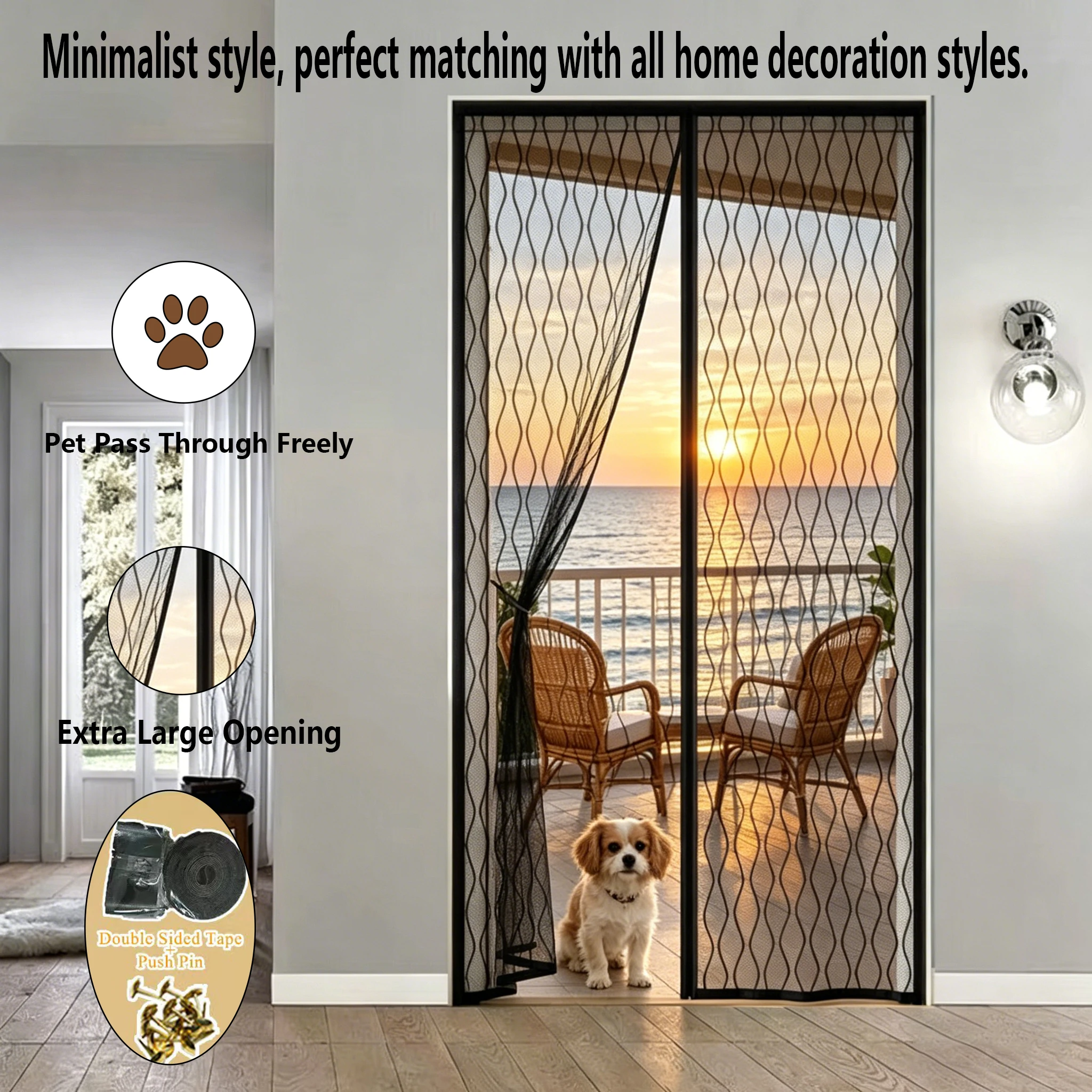 Household Summer Insect-Proof Door Curtain, Fine Dense Mesh Design, Hook-and-Loop Tape & Magnetic Self-Adhesive