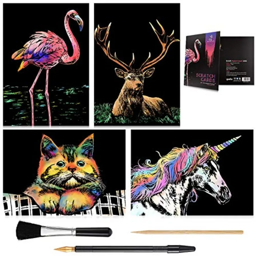 Rainbow Scratch Art Painting Paper A4 for and Adults, Night View Scratchboard, Art and Craft, Engraving Art Set: 4 Sheets Scrat