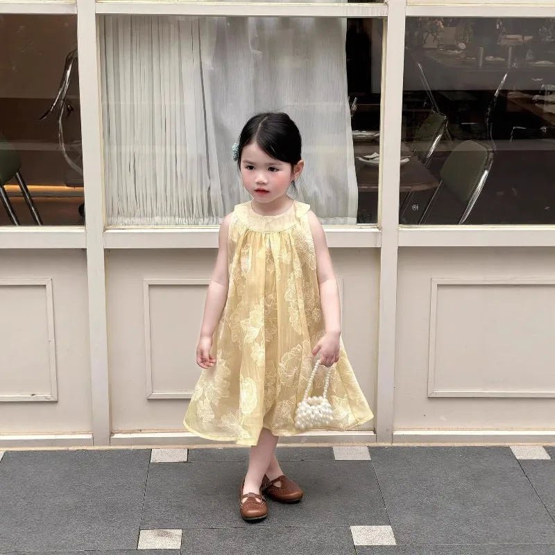 2026 Summer Girls Temperament Style Heavy Duty Dark Flower Yellow Hanging Neck Strap Skirt Loose Princess Sleeveless Dress