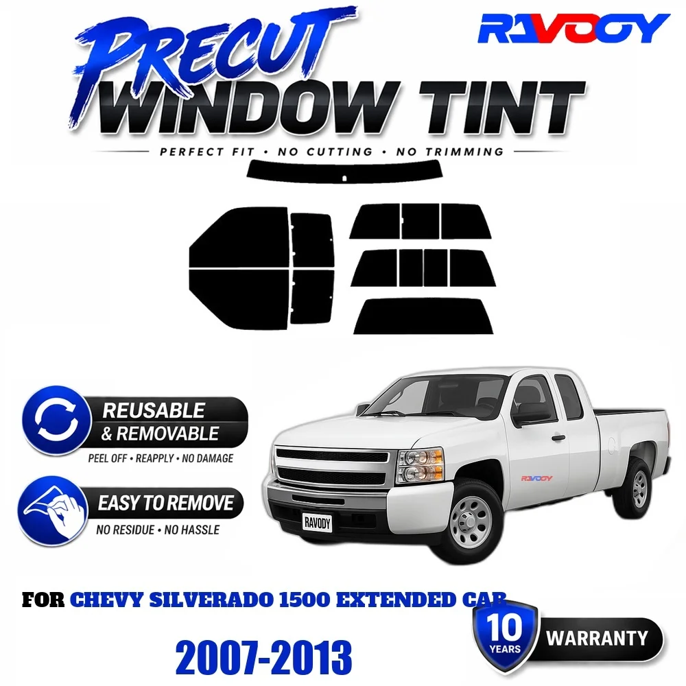 Precut Window Tint, Reusable Removable EPU Film, Custom Fit for Chevy Silverado 1500 Extended Cab 2007-2013, UV Heat Protection