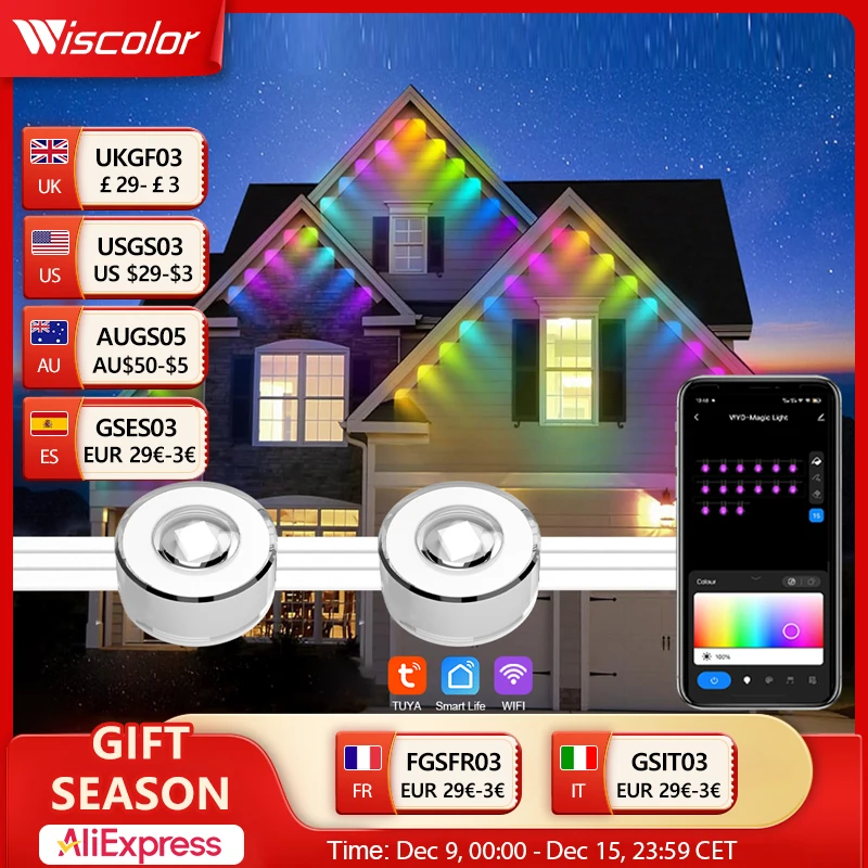 Wiscolor Luzes de beiral inteligentes WIFI RGBIC Luzes externas permanentes Controle de APP Cordas de iluminação externa à prova d\'água Funcionam