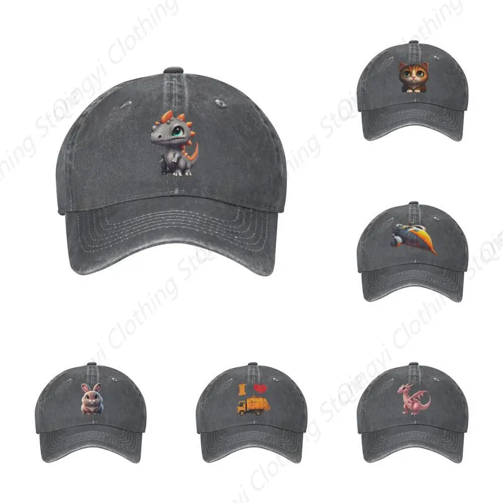 

Cartoon Dinosaurs Grey Adjustable Baseball Cap Distressed-Washed Plain Hat Cotton Sun Sports Denim Hats Casquette Caps