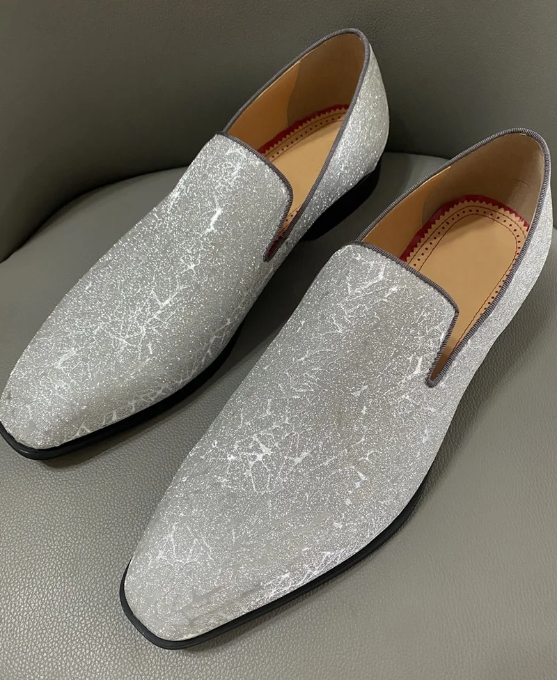 Silver Men Sequin Shoes Bling Glitter Loafers Men Dress Shoes Handcrafted Casual Shoes Men's Party Wedding Shoes