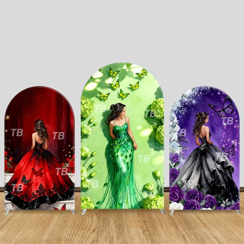 

Glamorous Princess Gown Arch Backdrop Cover Butterfly Floral Theme Party Decor Photo Booth Background Girls Celebration Supplies