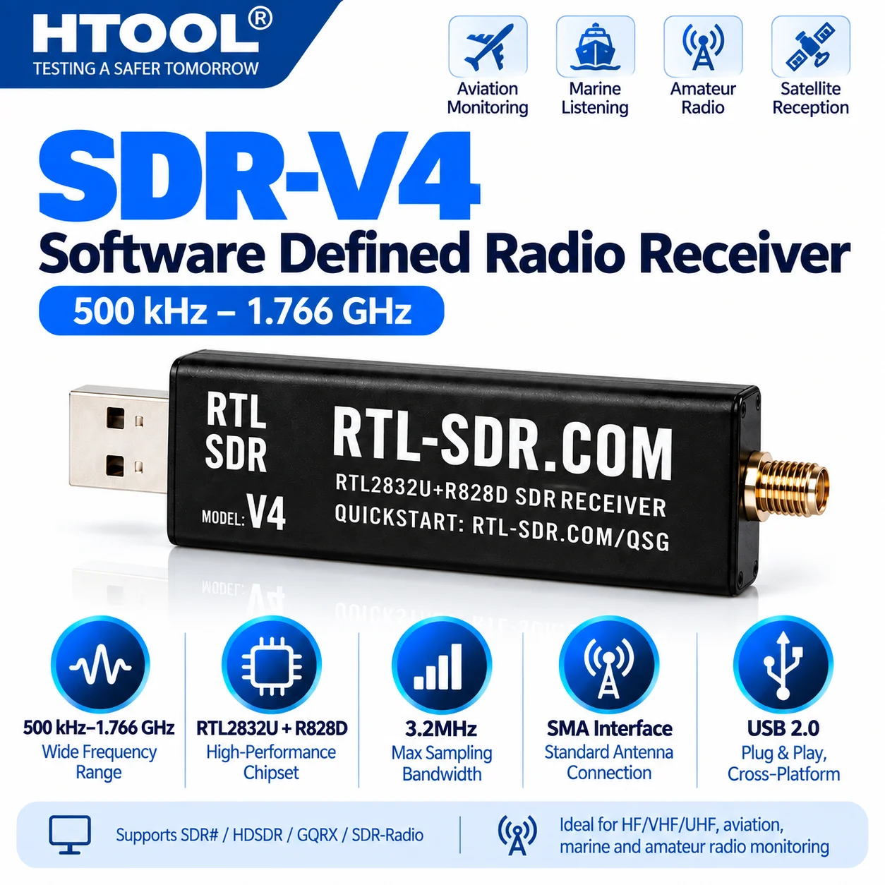 HTOOL SDR-V4 Software Defined Radio Receiver 500kHz-1.766GHz RTL2832U+R828D USB 2.0, Standalone or Dual Antenna Kit