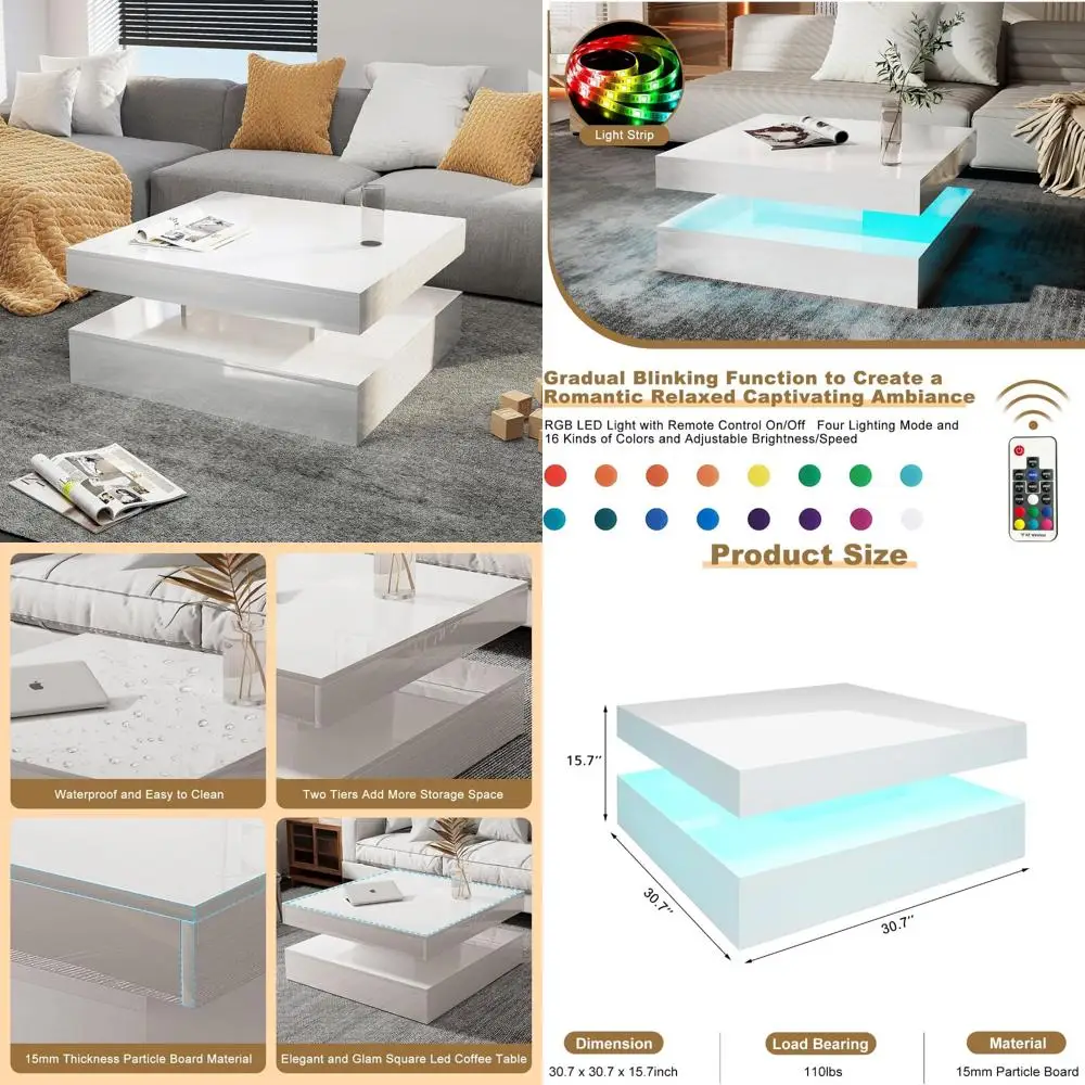 Modern Square 2-Tier Coffee Table with Storage, High Gloss Wooden Living Room Furniture Centerpiece