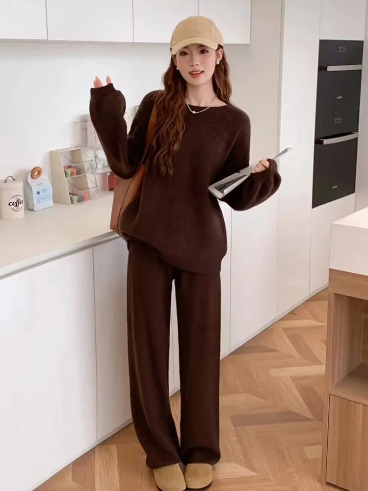 Women Solid Knitted Two Piece Suit Autumn Winter Long Sleeve Slash Neck Loose Sweater Top+Wide Leg Pants Casual Outfits Mujer