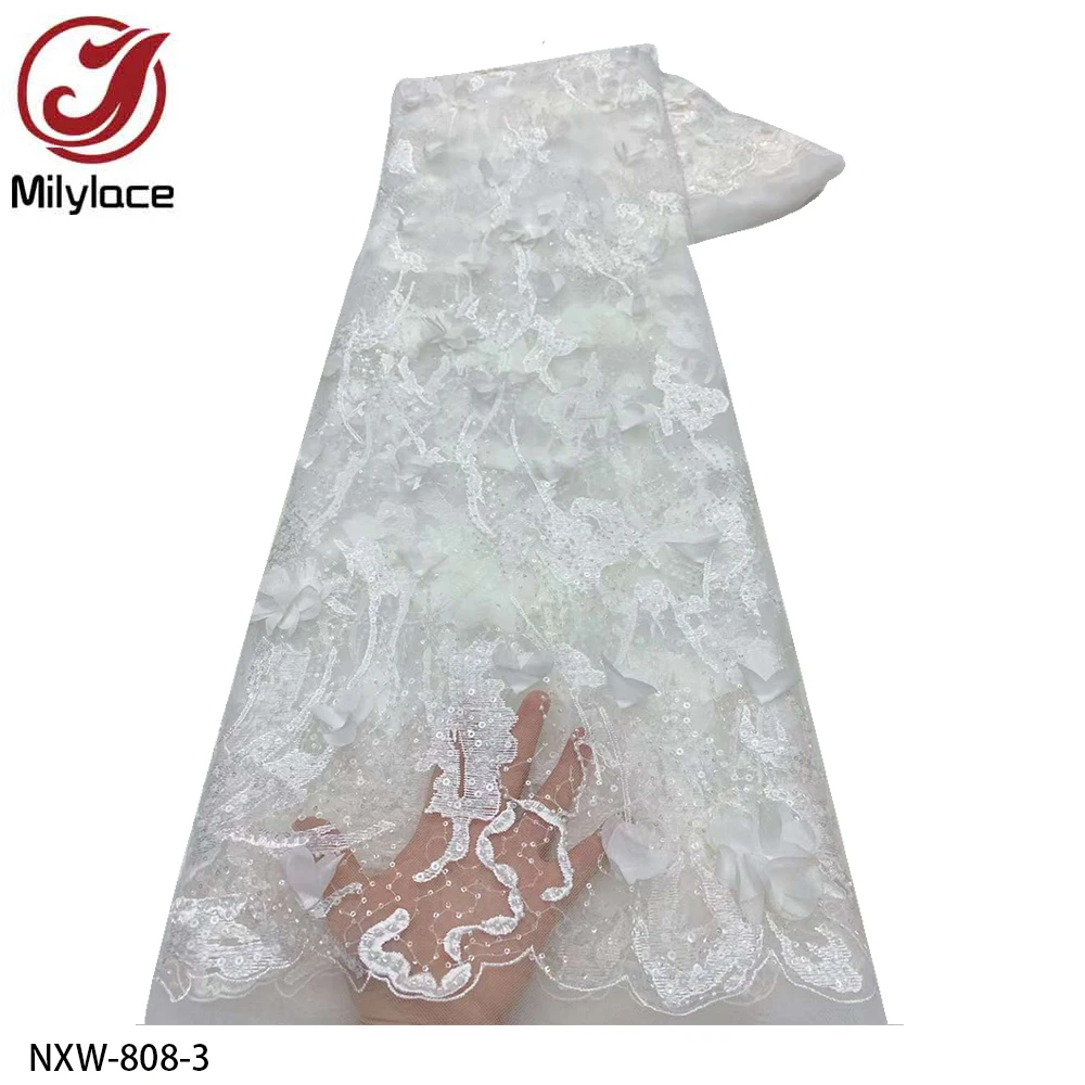 Luxury African Sequins Lace Fabrics 5 Yards Beaded Embroidery 3D Flower French Tulle Fabric for Wedding Party Sewing NXW-808