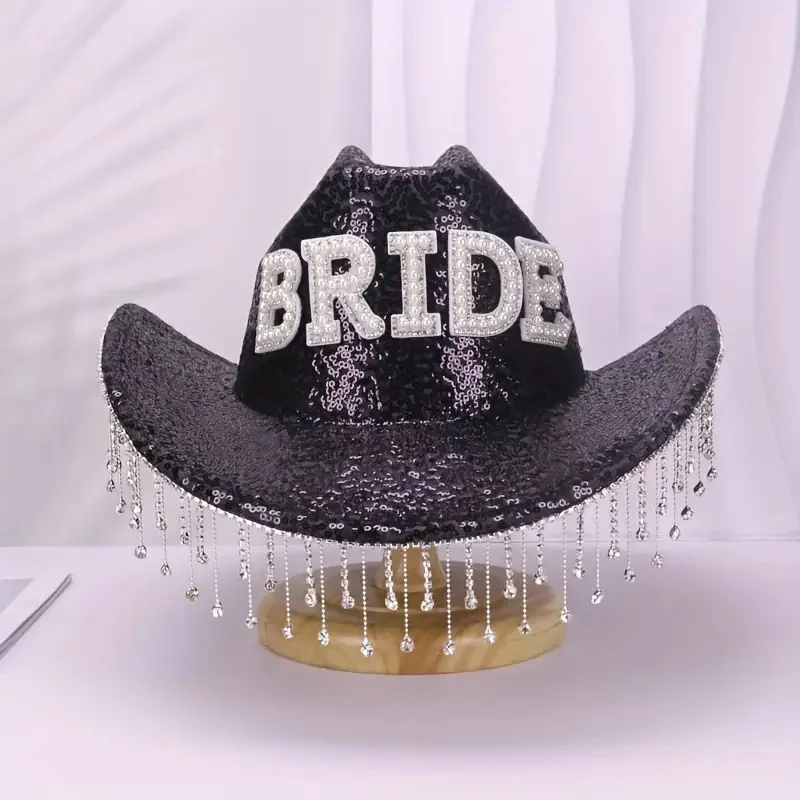 Bride Letter Pearl Rhinestone Fringe Cowboy Hat Bridal Shower Hen Night Rave Party Halloween Cosplay Special Occasion Women Top