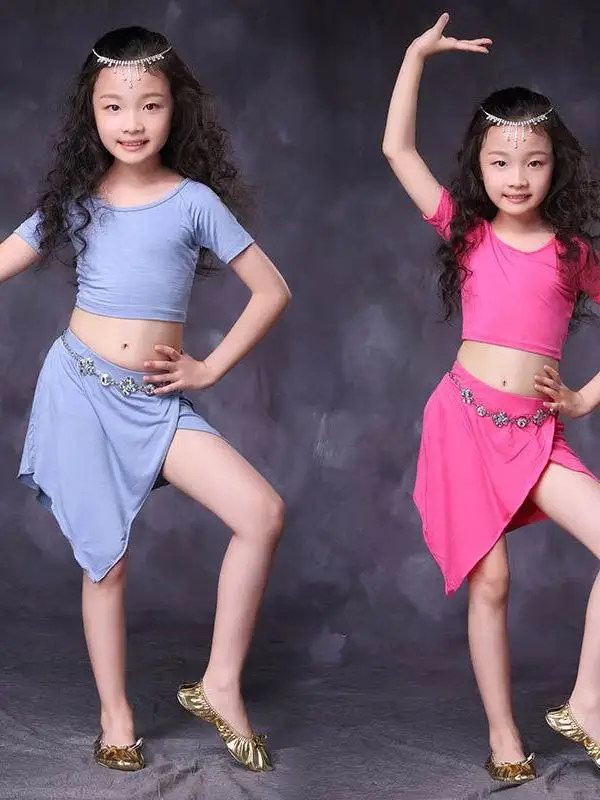 Belly Dance Suit Modal Top Short Sleeves Split Skirt Practice Clothes Set Child Elegant Profession Performance Clothing