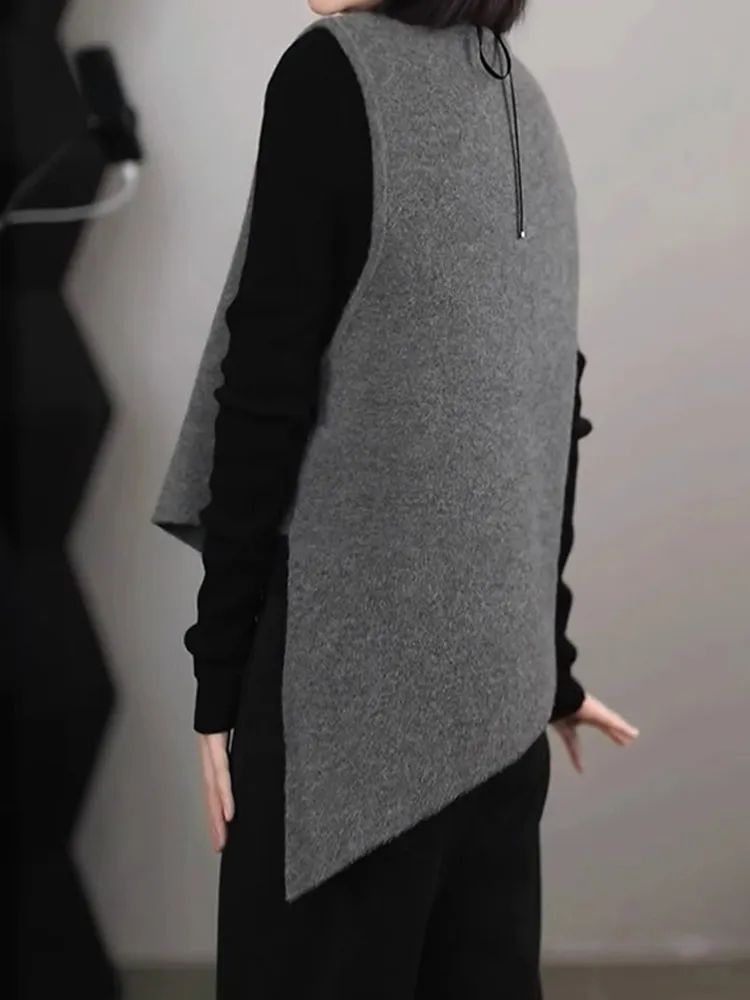 Casual Knitted Pure Color Vest Asymmetrical Design Svel Open Cardigan Faionable Loose Fit High-End Feeling Lazy Sle