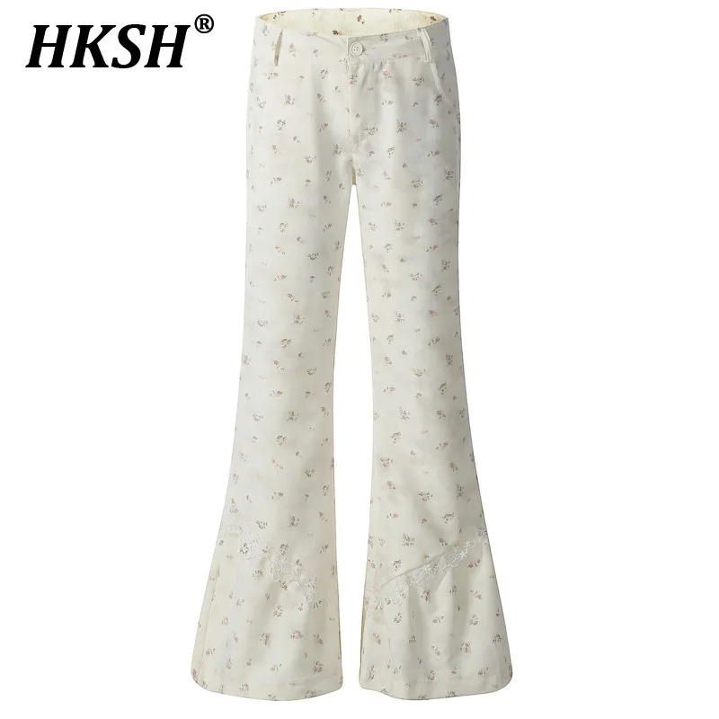 

HKSH Spring Summer New Women Tide Streetwear Tide Y2K Korean Floral Print Flared High Waist Sweet Retro Chic Denim Pants HK4979