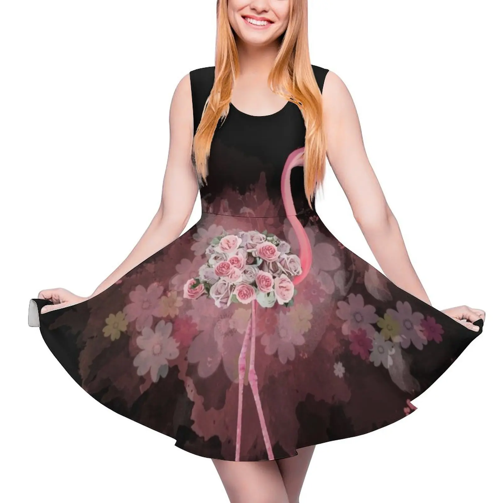 

Flamingo and Pink roses flowers watercolor Sleeveless Dress Female dress Casual dresses evening dress woman